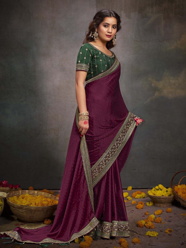 Plum BSY Satin Embroidered Saree